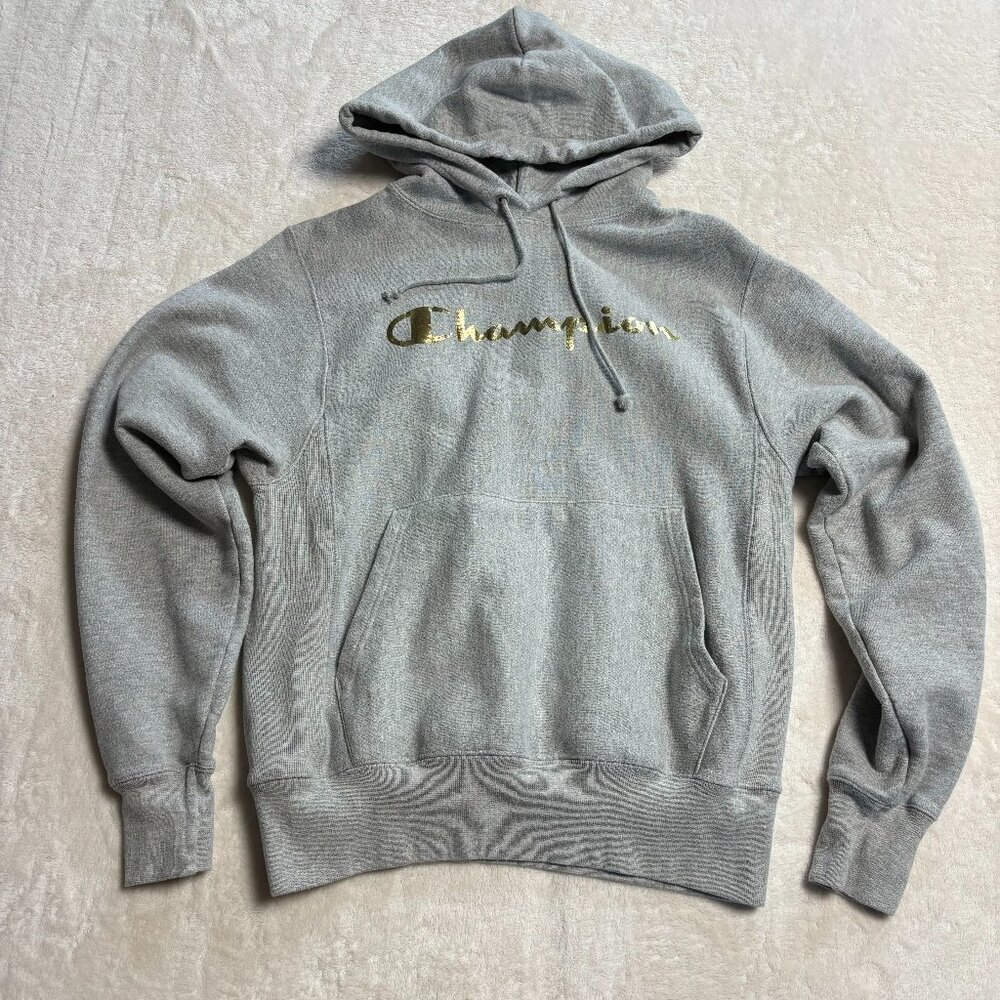 Champion Mens Reverse Weave Hoodie Small Pullover Grey with‎ Gold Lettering